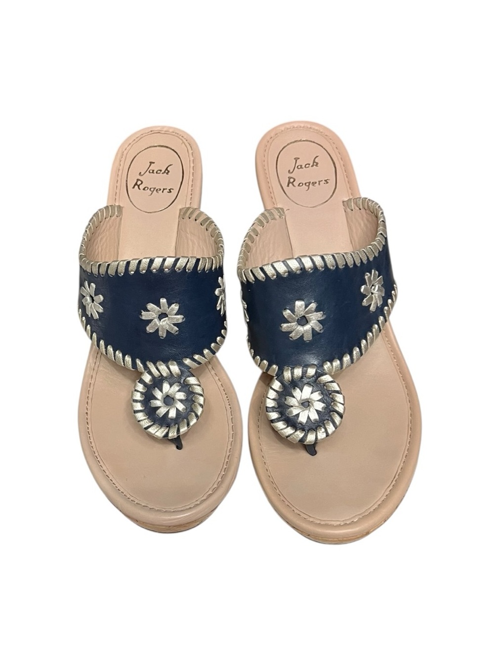 🌻Jack Rogers Marbella Wedge Sandals Blue Leather Rope Cork Thong Summer Size